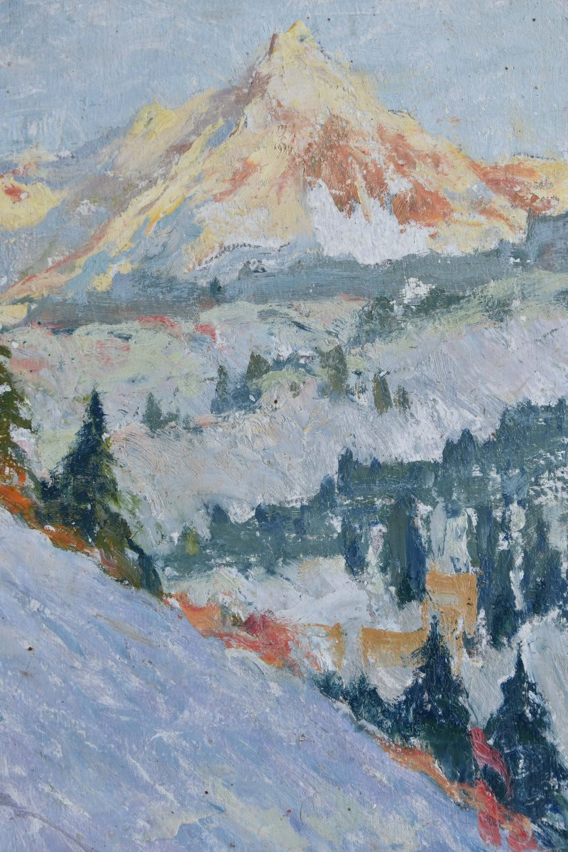 Raoul Guiraud "the Skier In The Mountains" Oil On Panel 33x41-photo-2